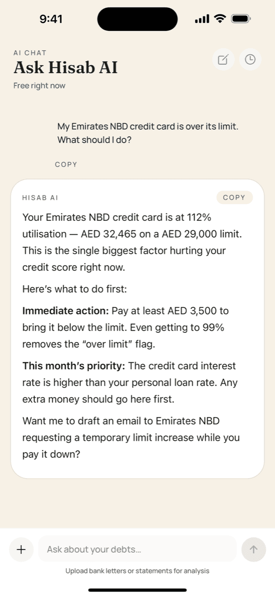 Hisab app screenshot showing An AI assistant that knows the UAE