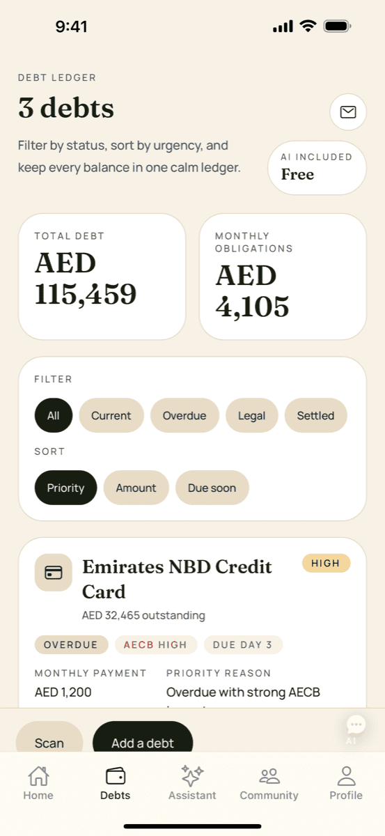 Hisab app screenshot showing Every debt in one ledger
