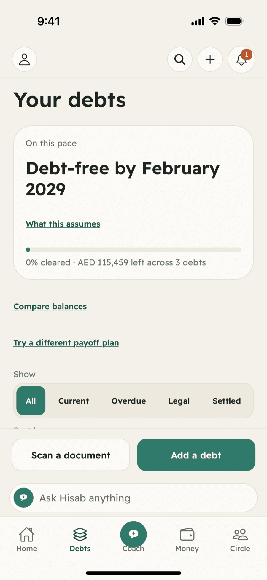 Every debt in one calm place.