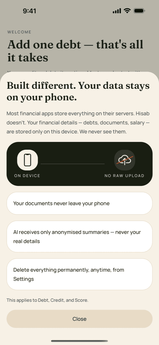 Hisab app screenshot showing Your data stays on your phone