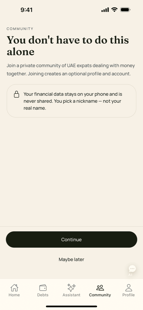 Hisab app screenshot showing A community that gets it